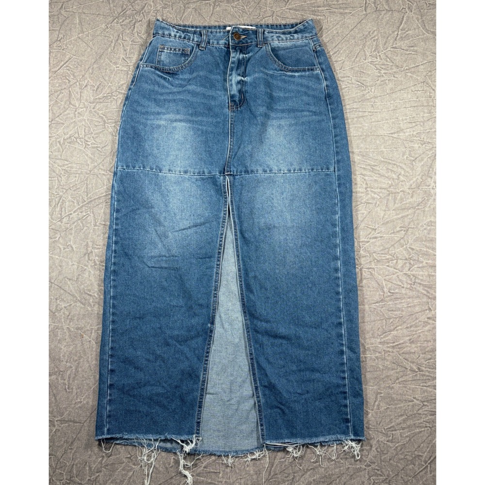 Flying Angel Denim Skirt Women 9/29 Blue Maxi Front Slit Raw Hem Faded Casual